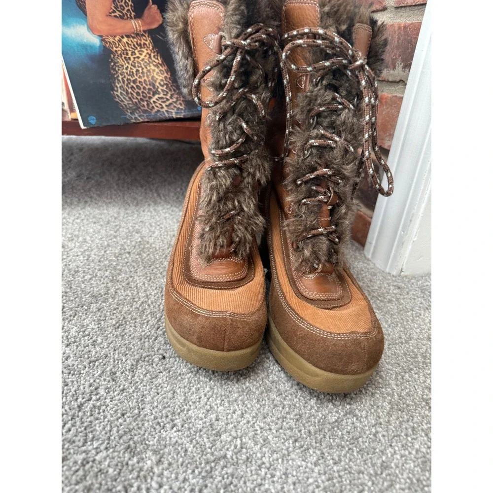 Report Y2k Chunky Boots Women's 8.5 90s Brown Corduroy Wedge Faux Fur‎ VTG